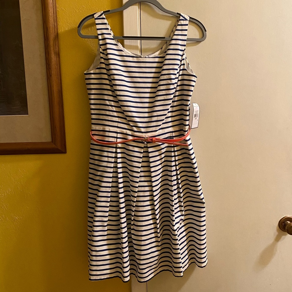 Navy striped dress with salmon belt